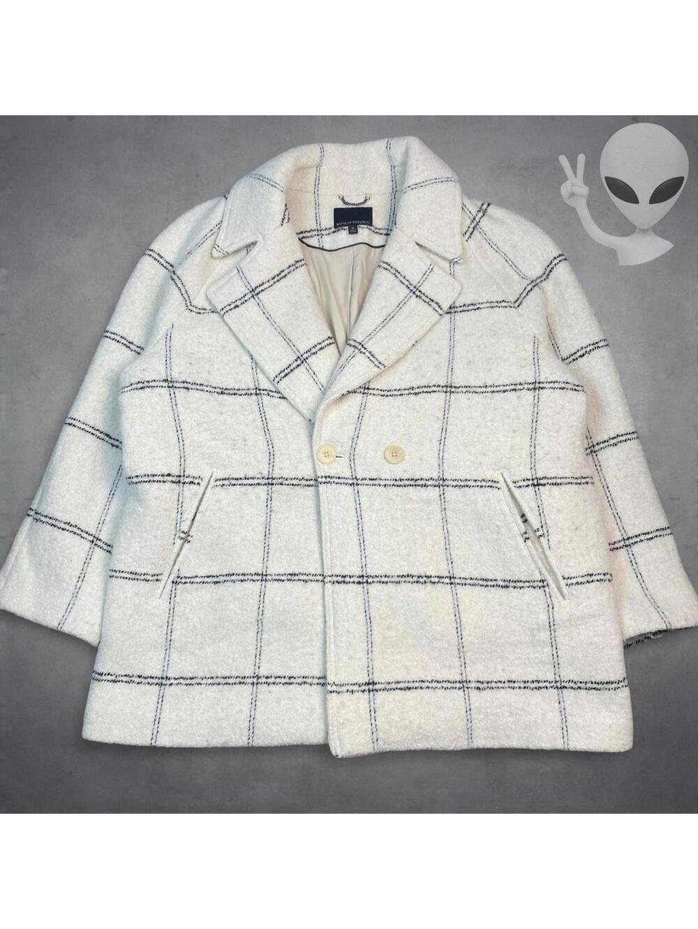 Banana Republic Boucle Cocoon Wool Pea Coat Windowpane Plaid Cream Womens XL